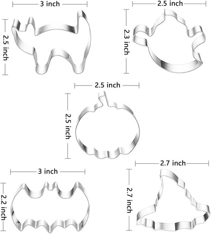 Halloween Cookie Cutters 5pcs, Cat Bat Pumpkin Magic Hat Cookie Cutter Sturdy Easy to Clean & Demold Pancake Dough Molds, Fondant Cutters for Baking Biscuit