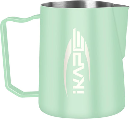 IKAPE Espresso Milk Pitcher, Espresso Steaming Pitcher with Sharp Spout for Espresso Barista Tool, 15.4 oz/450ml Milk Frothing Jug (Light Green)