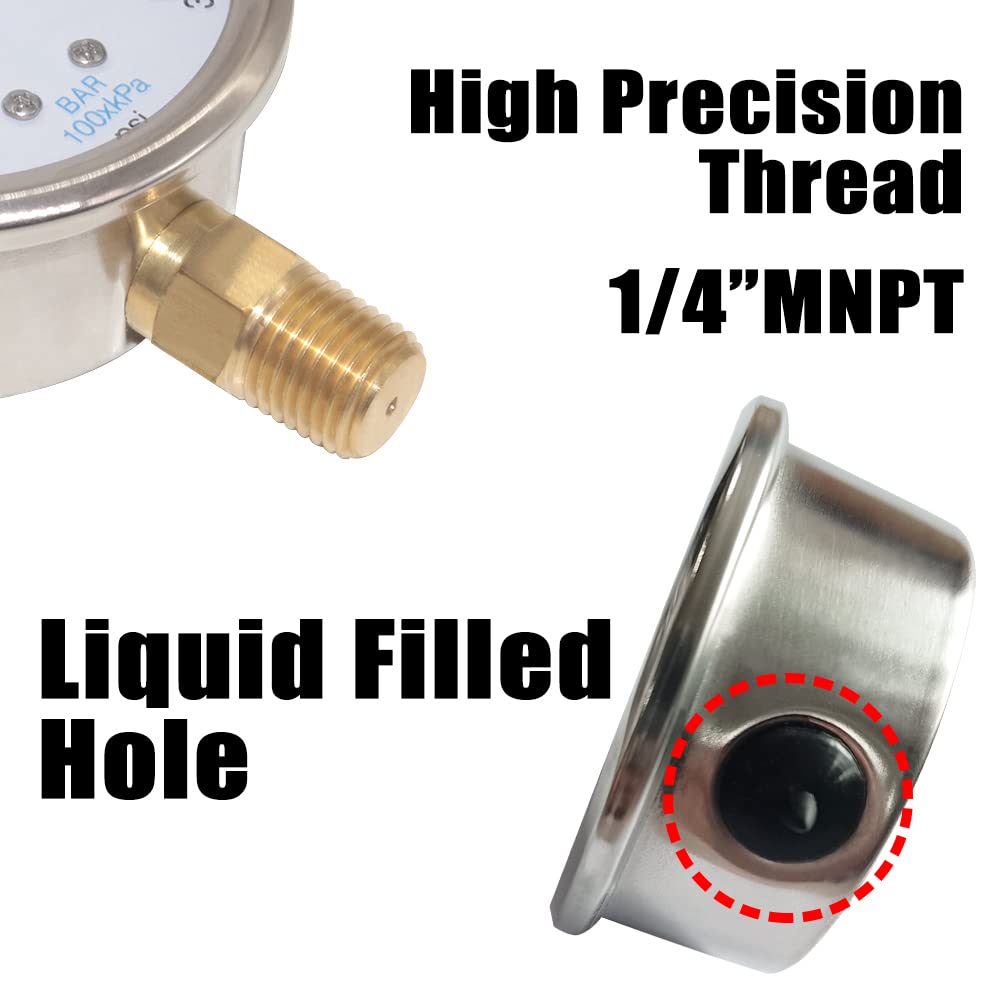 2-1/2" Dial 1/4" NPT 0~30Psi 304 Stainless Steel Glycerin Filled Pressure Gauge Bottom Mount