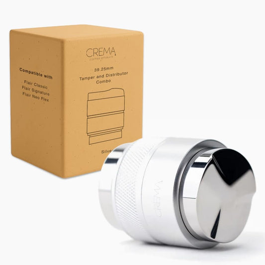 Crema Coffee Products 39.25mm Hand Tamper & Coffee Distributor | Compatible with Flair Classic, Signature,and Neo | Double-Sided, Adjustable Depth Tool | Made with Durable 304 Stainless Steel | Silver