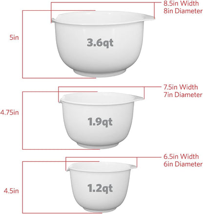 GLAD Mixing Bowls with Pour Spout, Set of 3 | Nesting Design Saves Space | Non-Slip, BPA Free, Dishwasher Safe Plastic | Kitchen Cooking and Baking Supplies, White