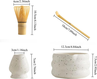 7-piece matcha kit includes matcha bowl. white speckled matcha tea set with bamboo whisk -, sifter, scoop, stainless steel filter, tea caddy, cloth & gift box - for matcha green (4)