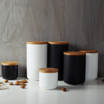jessie Ceramic Storage Containers with Airtight Seal Bamboo Lids Kitchen Canisters for Tea Spice Seasoning Sugar Coffee (black, 1000ml/34 oz)