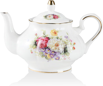 Sweejar Ceramic Teapot with Infuser, Floral Relief Gold Rimmed Teapot, 29 OZ Porcelain Tea Pot for Blooming and Loose Tea, Coffee...(Flower Style)