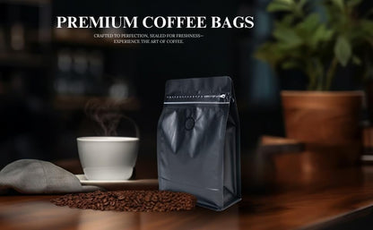 Premium Coffee Bags with Valve (100 pcs, 8 oz) Standing Coffee Beans Storage Bags, Reusable Heat Sealable Side Zipper Pouches, Eco-Friendly Packaging, Perfect for Home and Office - Black