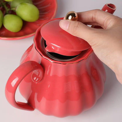 Sweejar Royal Teapot, Ceramic Tea Pot with Removable Stainless Steel Infuser, Blooming & Loose Leaf Teapot - 28 Ounce(Red)