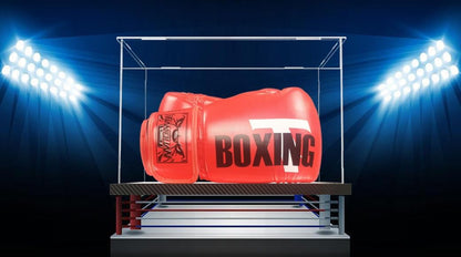 Clear Boxing Glove Display Case Acrylic Display case for Full Size Boxing Glove Boxing Glove Storage Box Dustproof UV Protection Cabinet with Carbon Fiber Skin Base and Removable Mirror Base