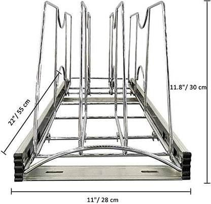 Pull Out Cookie Sheet Organizer for Cabinet, Pan and Pot Rack, Cutting Board Organizer Rack, Baking Tray Organizer for Cabinet, Adjustable Divider Width, 11" W x 22" D x 11.8" H, Chrome