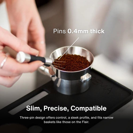 Crema Coffee Products Weiss Distribution Technique (WDT) Tool | Even Coffee Ground Distribution for Better Extraction | Stainless Steel with Silicone Grip | Includes 6 Pins & Storage Vault | Silver