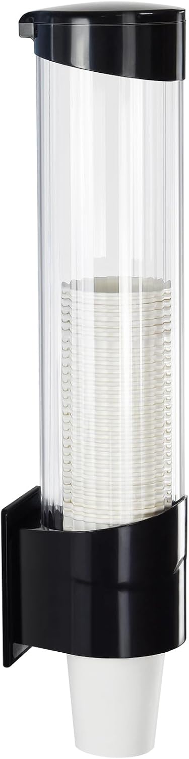 Medium Pull Type Cup Dispenser, Paste or Screw Plate Mountable Cups Holder, Fits 5oz - 7oz Cone or Flat Bottom Cups, 16” Tube Length, Mounting Water Dispenser Cooler or Wall (Medium, Black)