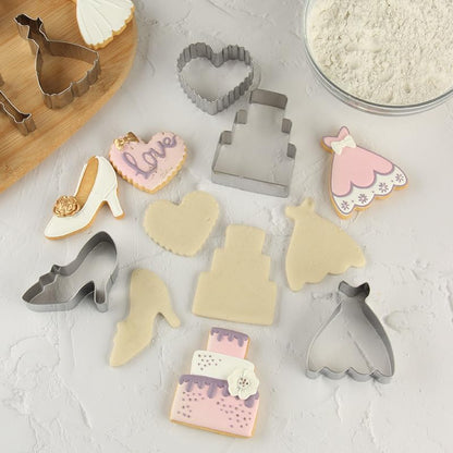 12 Wedding Cookie Cutters Shapes Set for Baking Including Bride and Groom Diamond Ring Wedding Cake Candle Wedding Dress Champagne Glasses Lipstick Heels Etc.