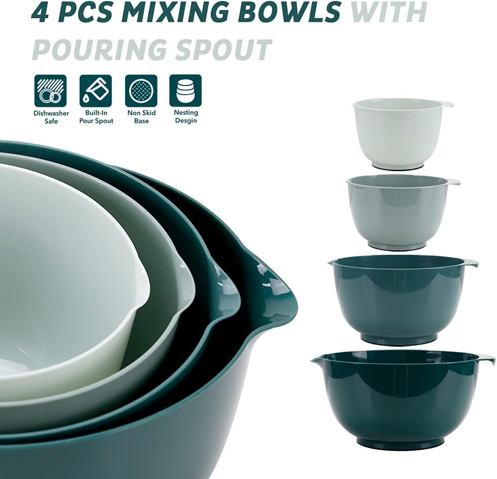 BoxedHome Green Ombre Nesting Plastic Mixing Bowl Set With Pour Spout, Microwave and Dishwasher Safe, BPA free Non-Slip Base, Set of 4 Size 1.7, 2.5, 3.5 and 4.5qt, Great for Prepping, Baking, Cooking