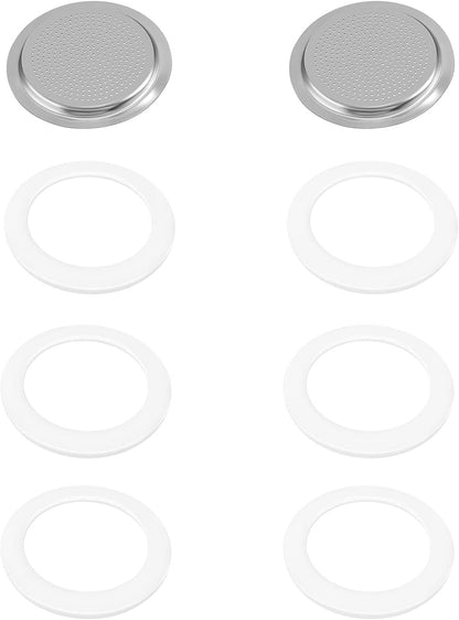 6 Pieces Moka Pot Replacement Cup Gasket with 2 Pcs Stainless Filter Silicone Moka Express Replacement Seals Funnel Kits Compatible Espresso Coffee Maker Parts(1-cup)