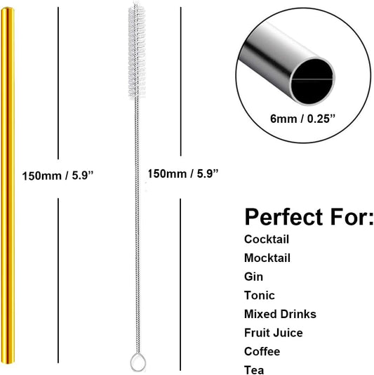 Short Cocktail Straws, Metal Stainless Steel Reusable Small Mini Coffee Stir Drinking Straw for Party Accessories Mason Jar Tumbler Juice Box Tea Coffee Mocktails Mojito Drinks with Brush, Gold 8Pcs