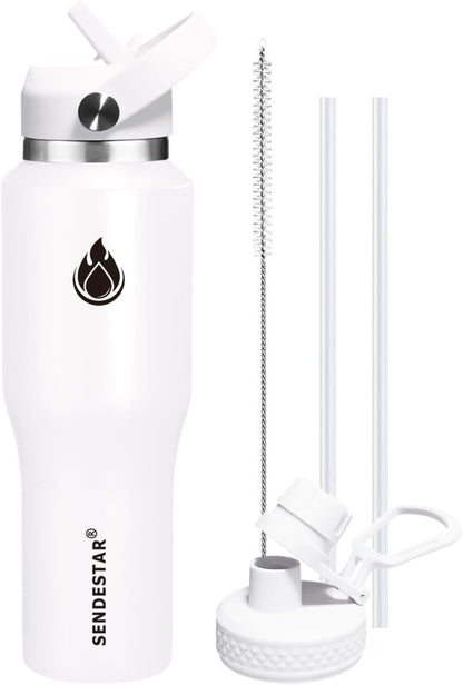 SENDESTAR 40oz Water Bottle Wide Mouth Stainless Steel Vacuum Insulated Double Wall with 2 Straw Lids Fit in Any Car Cup Holder