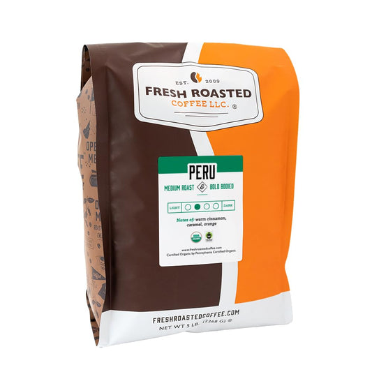 Fresh Roasted Coffee, Organic Peru | Mold & Myco 3rd Party Tested, USDA Organic, Kosher | Med Roast 5 lb (80 oz) Ground