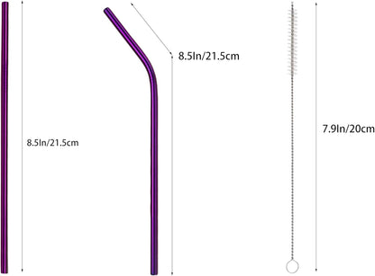 10 Pcs Stainless Steel Straws, Reusable Drinking Straws, 5 Straight + 5 Bent Metal Straws Set With 2 Pcs Cleaning Brushes (Purple, 8.5 Inch)