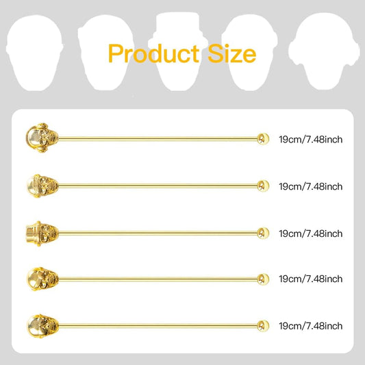 Skull Shape Swizzle Sticks, Reusable Stainless Steel Coffee Beverage Stirrers Cocktail, 5-Pack Drink Stir Sticks for Bar Party Home Office (Gold)