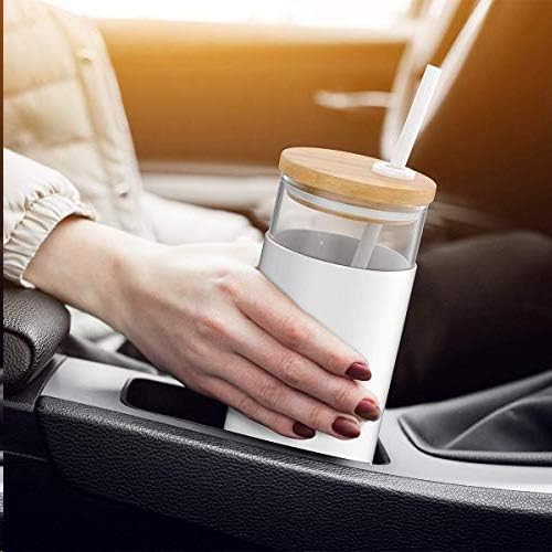 Tronco 20 oz Glass Tumbler Glass Water Bottle Straw Silicone Protective Sleeve Bamboo Lid - BPA Free -White/4 Pack
