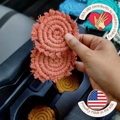 Cotton Car Coasters for Cup Holders, 2PC Car Cup Coasters, Drink Coaster Holder, Cute cupholder Coaster Accessories for Women, Macrame, Boho (Cafe Latte)