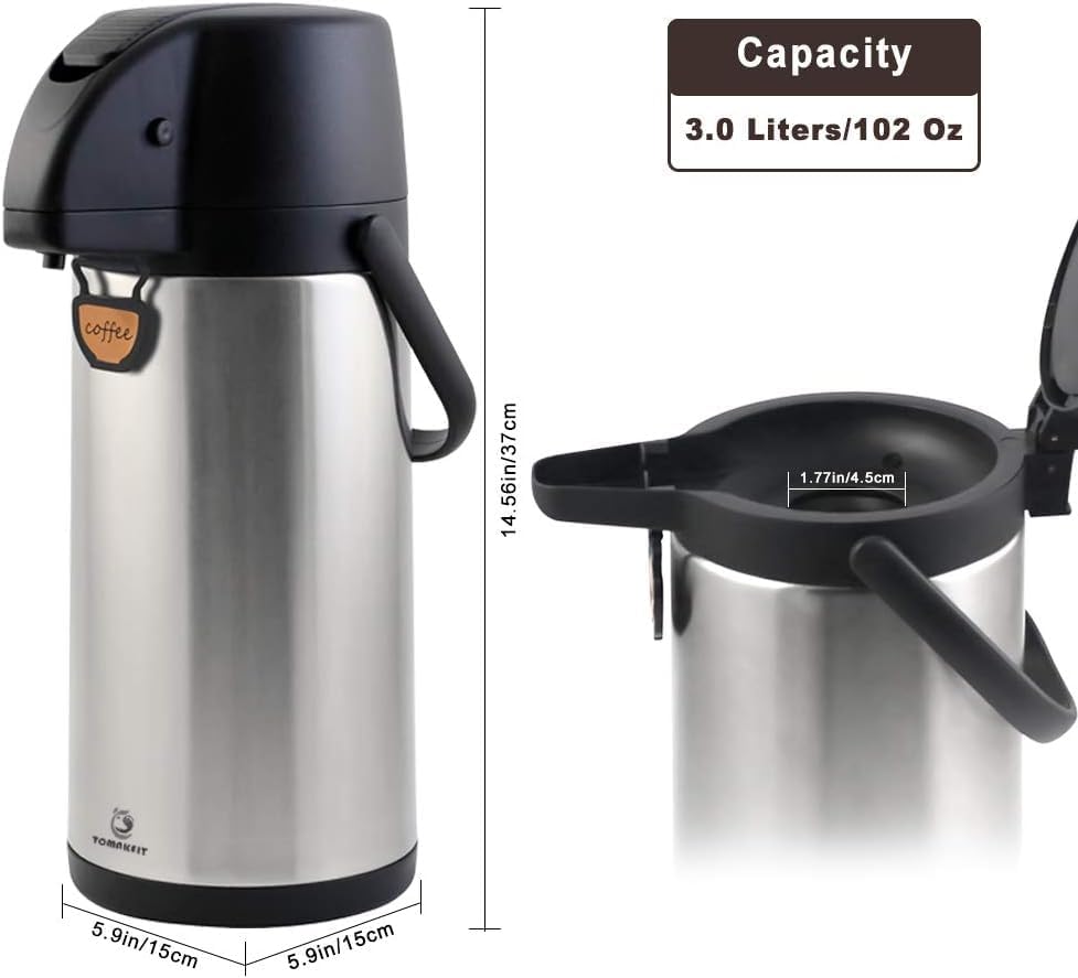 Airpot Coffee Dispenser Thermal with Pump,3L/102 Oz Insulated Stainless Steel Large Airpot Coffee Carafe Lever Action for Hot/Cold Water,Thermal Carafe for Hot Cocoa for Parties