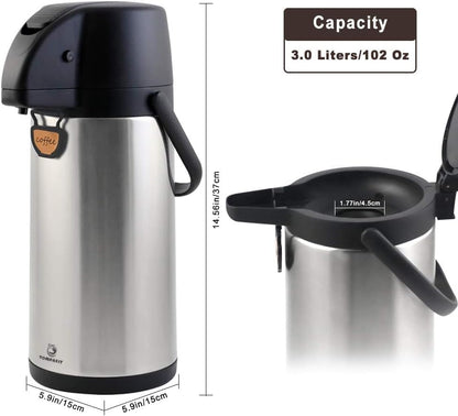 Airpot Coffee Dispenser Thermal with Pump,3L/102 Oz Insulated Stainless Steel Large Airpot Coffee Carafe Lever Action for Hot/Cold Water,Thermal Carafe for Hot Cocoa for Parties