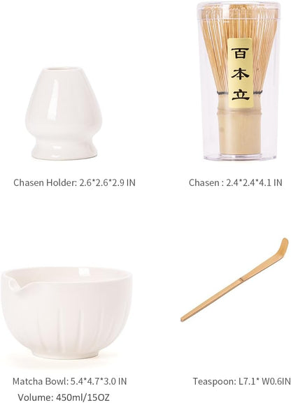 TANG PIN Matcha Set - Match Bowl and Whisk,15 OZ, Matcha Scoop | Matcha Whisk Stand (Chasen Holder) - 4pc Perfect Matcha Kit for Matcha Tea Ceremony (White)