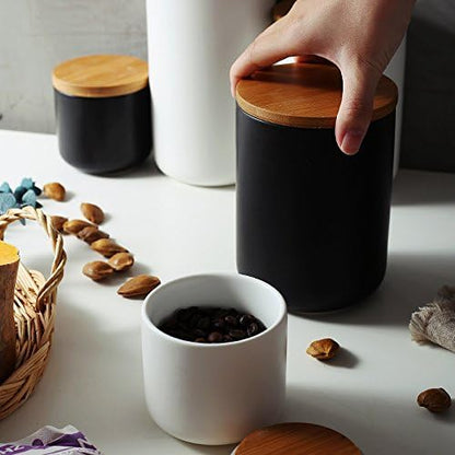 Ceramic Food Storage Jar Canister Modern Design Food Canisters with Airtight Seal Bamboo Lid,Loose Tea Coffee Spice Nuts Snacks Seasonings Storage Jar Canister Caddy (black 7.03oz/200ml)