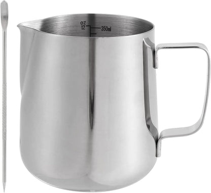 1PCS 350ML/12oz Milk Frothing Jug for Coffee Machine 304 Stainless Steel Milk Pitcher Cup with Spoon Milk Cup for Making Cappuccino Latte and Espresso