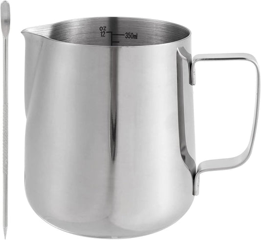 1PCS 350ML/12oz Milk Frothing Jug for Coffee Machine 304 Stainless Steel Milk Pitcher Cup with Spoon Milk Cup for Making Cappuccino Latte and Espresso