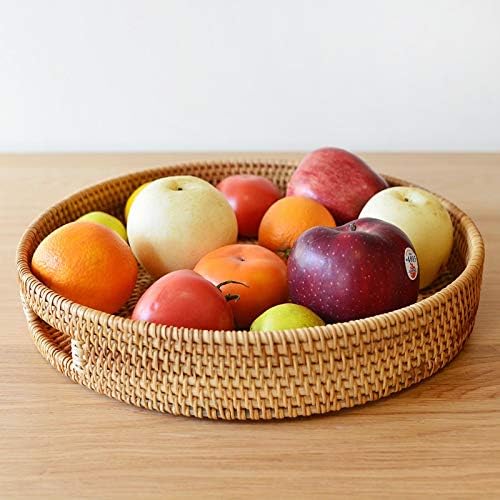Round Rattan Serving Tray Decorative Woven Ottoman Trays with Handles for Coffee Table Natural (Small 11.8 inch x 2.4 inch)