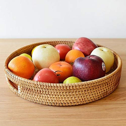 Round Rattan Serving Tray Decorative Woven Ottoman Trays with Handles for Coffee Table Natural (Small 11.8 inch x 2.4 inch)