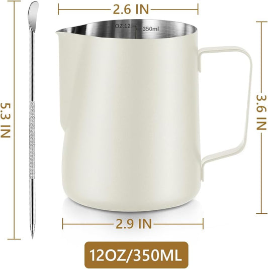 Frothing Milk Pitcher, 12 oz/350 ml Stainless Steel Frothing Milk Jug with Latte Art Pen,with Internal Measurements, for Cappuccino, Espresso and More（white）