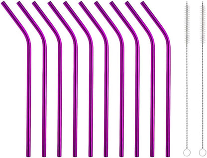 10 Pcs Stainless Steel Straws, Reusable Drinking Straws, Bent Metal Straw Sets with 2 Pcs Cleaning Brushes (Rose Red, 8.5 Inch)
