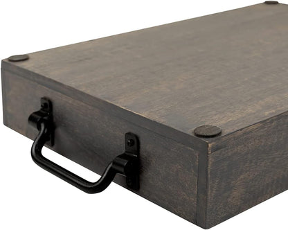 GoCraft Handmade Wooden Tray with Metal Handles – 15" x 11" x 2.5" Decorative Serving Tray in Grey Washed Finish – Versatile Tray for Breakfast in Bed, Lunch, Dinner, Appetizers, Coffee Table
