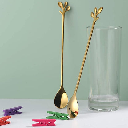 AnSaw 6-Piece Elegant Gold Leaf Long Handle Teaspoons - 7.4" Stainless Steel Stir Spoons for Coffee & Tea, Perfect for Mixing & Stirring