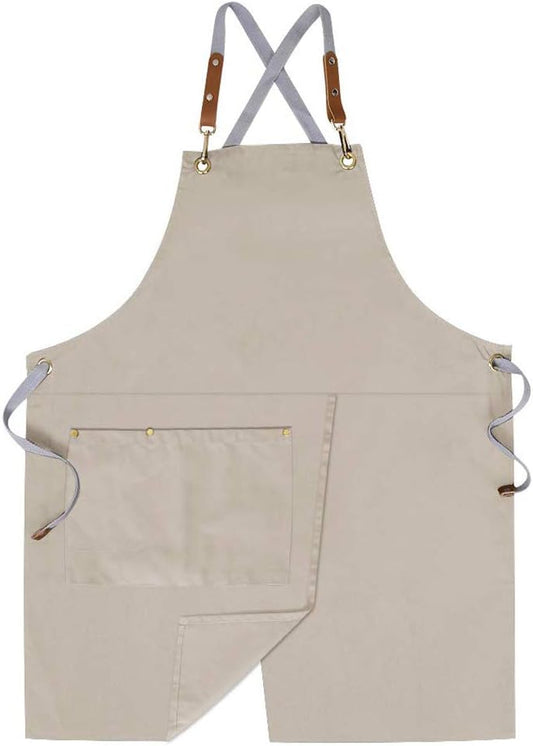 Mignongirl Crossback Apron with Pockets x2,Split Apron with Adjustable Straps,M-XXL (Beige)
