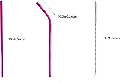 10 Pcs Stainless Steel Straws, Reusable Drinking Straws, 5 Straight + 5 Bent Metal Straws Set With 2 Pcs Cleaning Brushes (Rose Red, 10.5 Inch)