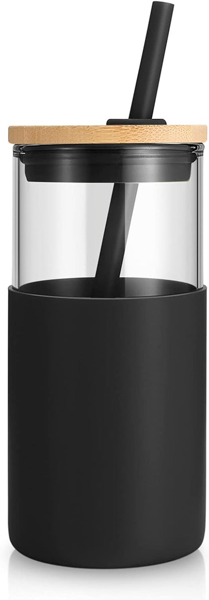 Tronco 16 oz Glass Tumbler with Straw and Bamboo Lid, Iced Coffee Cup Reusable, Smoothie Cups, Tumbler with Silicone Protective Sleeve - BPA Free