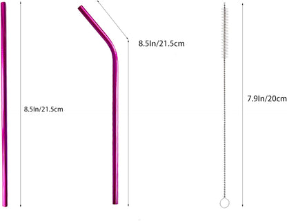 10 Pcs Stainless Steel Straws, Reusable Drinking Straws, 5 Straight + 5 Bent Metal Straws Set With 2 Pcs Cleaning Brushes (Rose Red, 8.5 Inch)