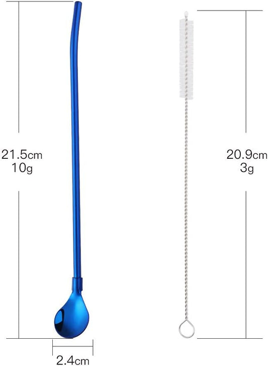 Straw Spoon, 8PCS 8.5inch Blue 18/8(304) Stainless Steel Metal Straws Reusable + 2 Brushes