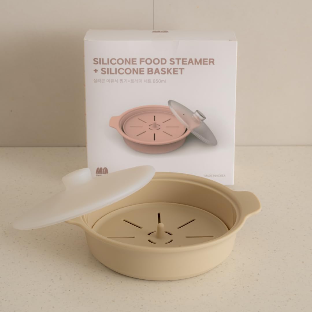 Microwave Silicone Steamer for Baby Food, Made In Korea, Oven & Dishwasher Safe to 482°F, Easy Clean, Microwave Pot with Handle & Lid, 100% Food Grade Steamer Bowl (Creme Brulee, 29oz (850ml) with basket)