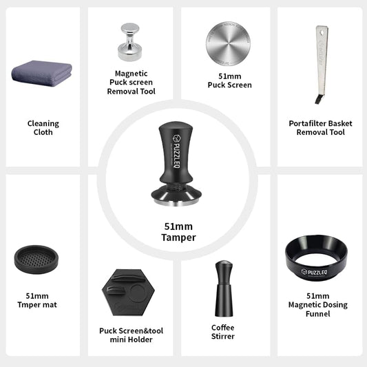 51mm Espresso Accessories Kit, Spring Loaded Calibrated Tamper,mat，WDT Tool，Dosing Funnel，Puck Screen kit，Basket Removal Tool ，Cleaning ClothSet， Fits Espresso Coffee Machines and 51 mm Portafilters