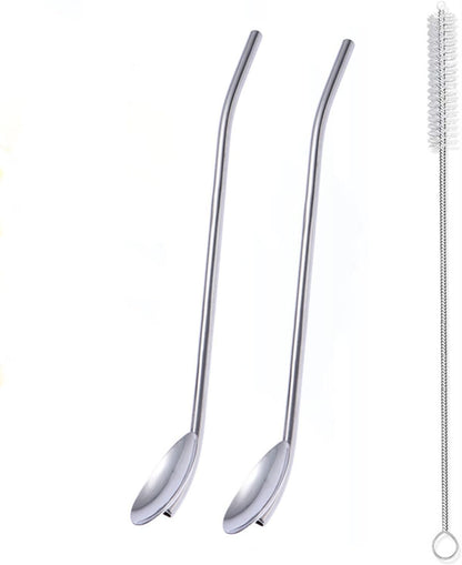 2Pcs Stainless Steel Straws Spoons, Reusable Metall Straws Spoon with 1 Cleaning Brushes,2 in 1 Snow Cone Straws Drinking Reusable Stainless Steel Ice Tea Long Spoons Straws for Cocktail Milkshake (2)