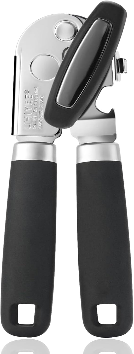 Manual Can Opener, UHIYEE Handheld Can Opener Heavy Duty with High Carbon Sharp Blade, Ease Can Open for Seniors with Comfort Grip Handles, Oversized Turn Knob, Black