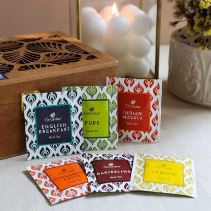 Octavius Tea Gift Set - Assorted Black & Green Tea Bags in Wooden Box | 6 Flavors, 90 Count | Premium Tea Sampler for Women & Men | Wellness Gift, Holiday, Birthday, Office, Corporate Gifting