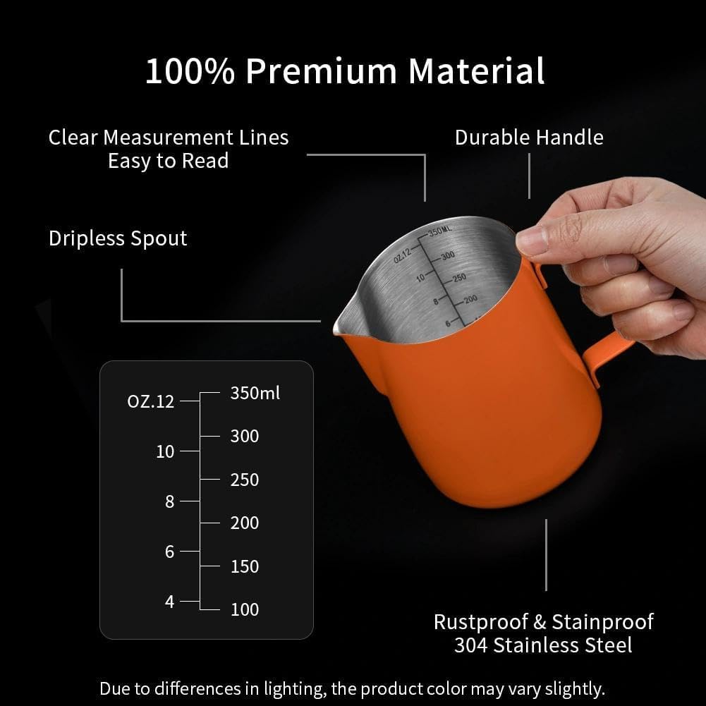 watchget Stainless Steel Milk Frothing Pitcher 12oz/350ml - Espresso Steaming Pitcher for Cappuccino, Latte Art, Coffee Machine Accessories Milk Jug Coffee Frother Cup, Orange