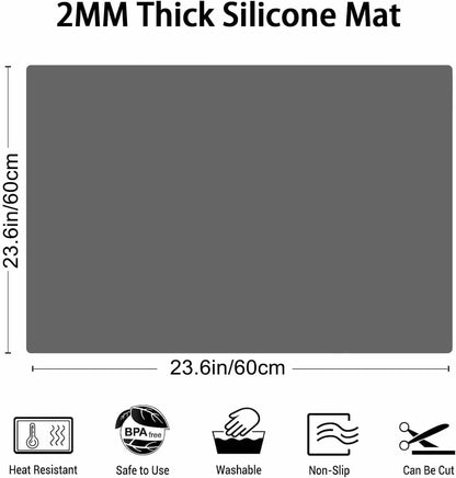 2MM Thick Silicone Countertop Mat, 23.6"x 23.6" Silicone Mats for Kitchen Counter, Nonslip Heat Resistant Mat, Large Kitchen Counter Mats, Waterproof Countertop Protector, Dark Gray