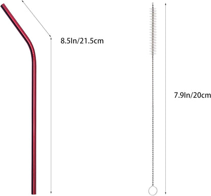 10 Pcs Stainless Steel Straws, Reusable Drinking Straws, Bent Metal Straw Sets with 2 Pcs Cleaning Brushes (Red, 8.5 Inch)