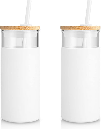Tronco 20 oz Glass Tumbler With Lids and Straws, Glass Water Bottle Silicone Protective Sleeve, Iced Coffee Cup With Bamboo Lid, Reusable Smoothie Cup, BPA Free (White 2 Count)